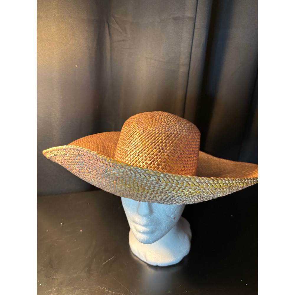 Betmar New York Iridescent Woven Straw Wide Brim Sun‎ Hat Purple Ribbon Accent
